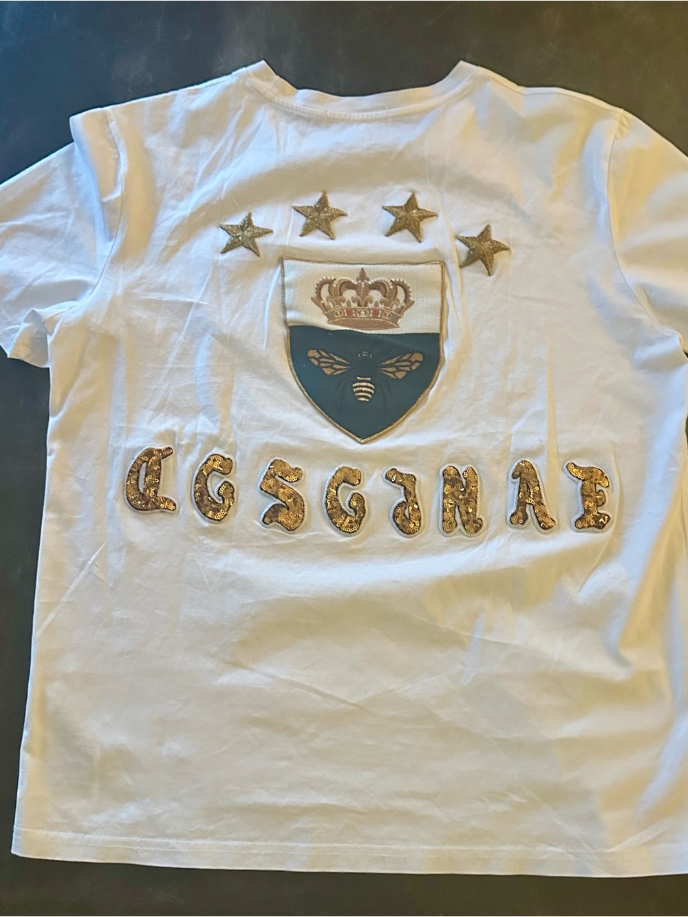 Gucci White Tee with Gold NY Sequin Patch